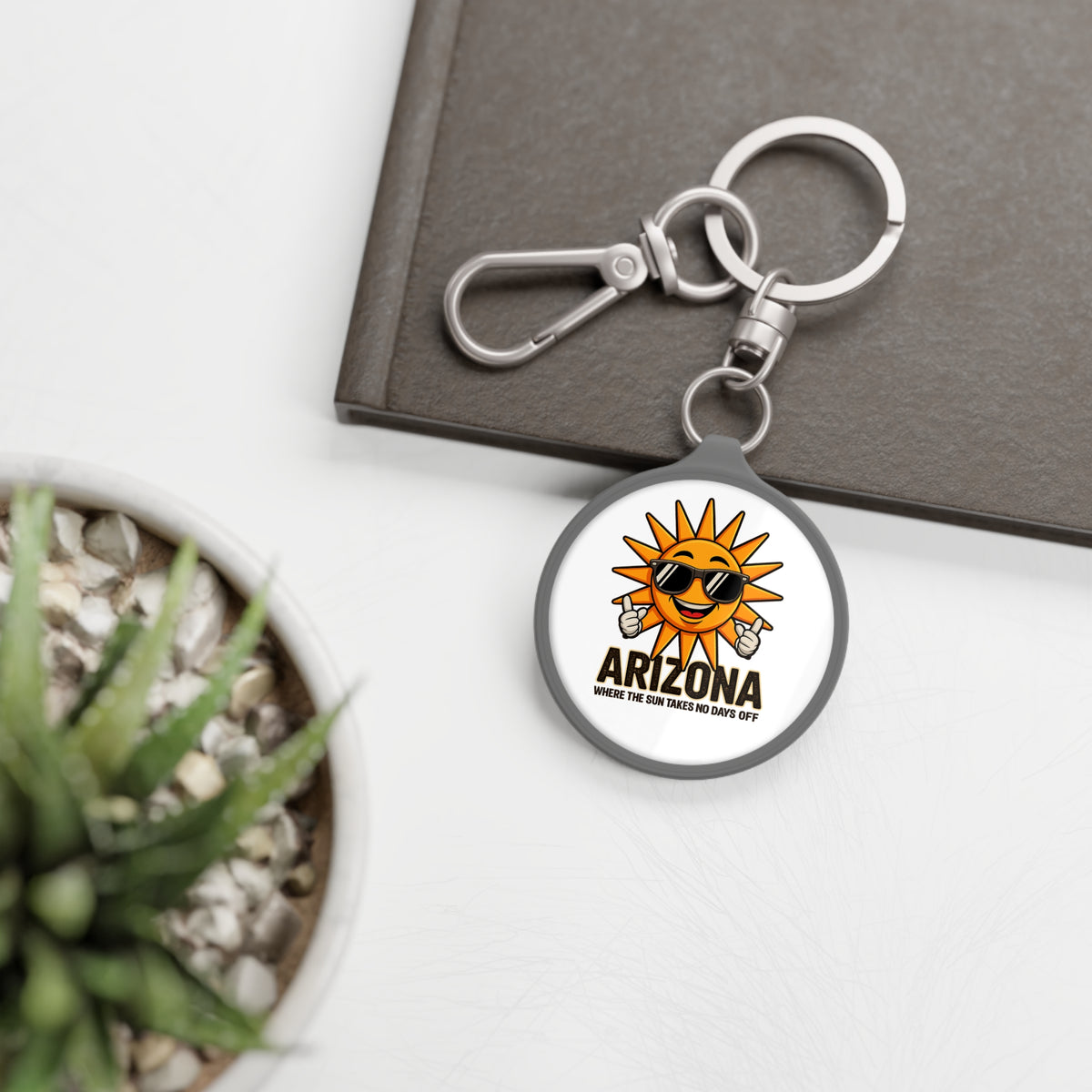 Round Arizona keychain with retro sun art, gift for Arizona visitors