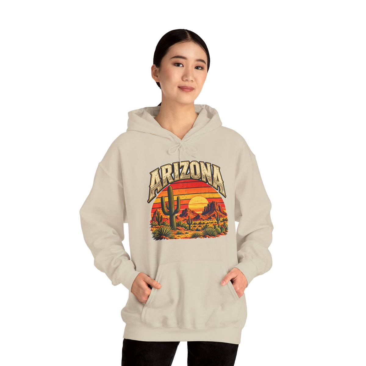 Woman wearing the sand Arizona Saguaro Sunset Hoodie