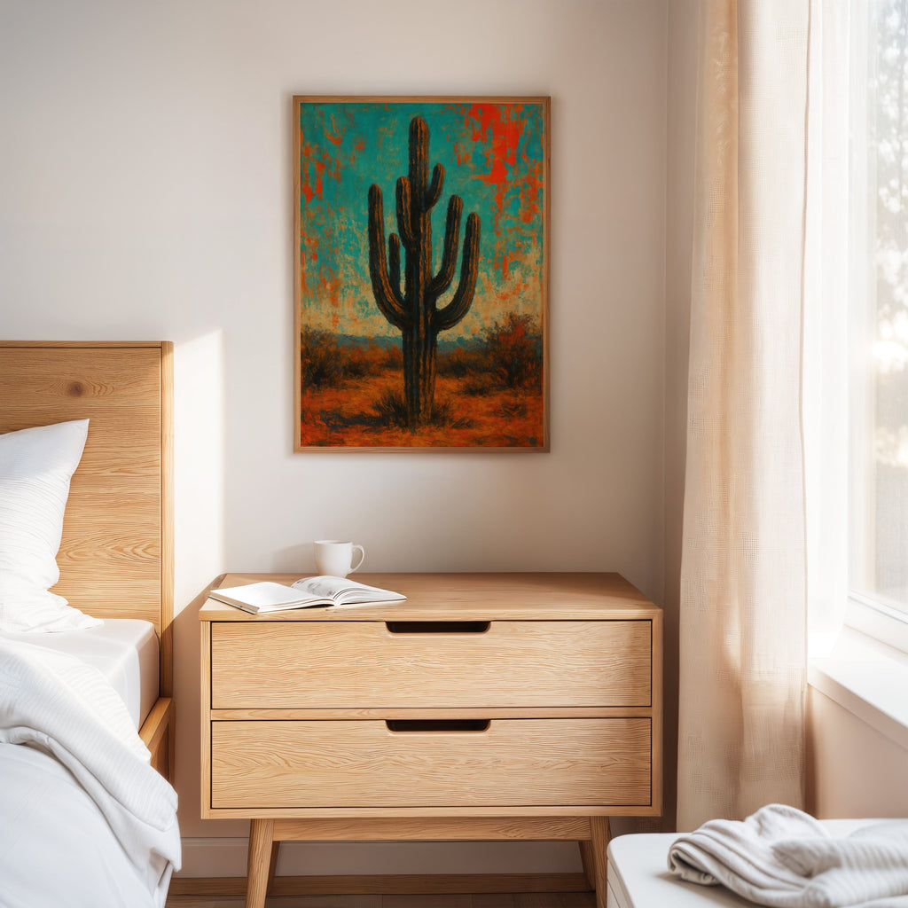 Lone Saguaro abstract cactus painting under turquoise and crimson sky, view 10