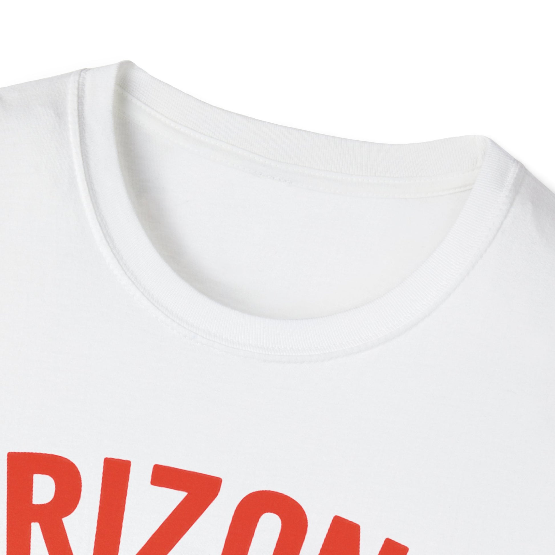 Close-up view of the crew neckline of a white Arizona Flip-Flop summer t-shirt.
