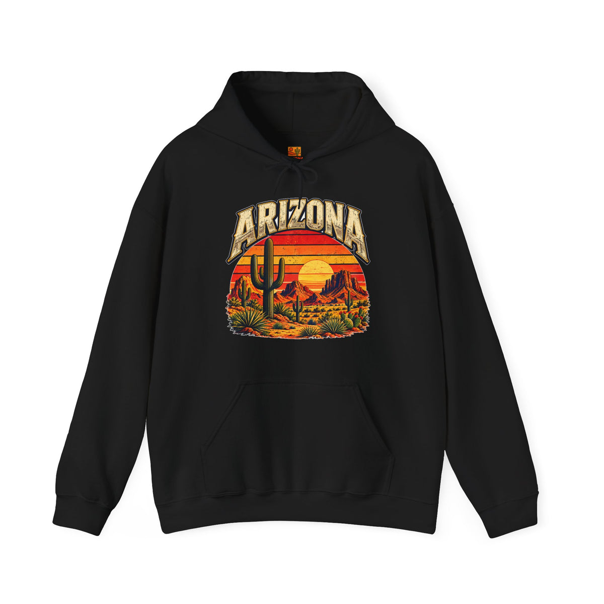 Arizona Saguaro Sunset Hoodie in black, vintage desert cactus graphic pullover