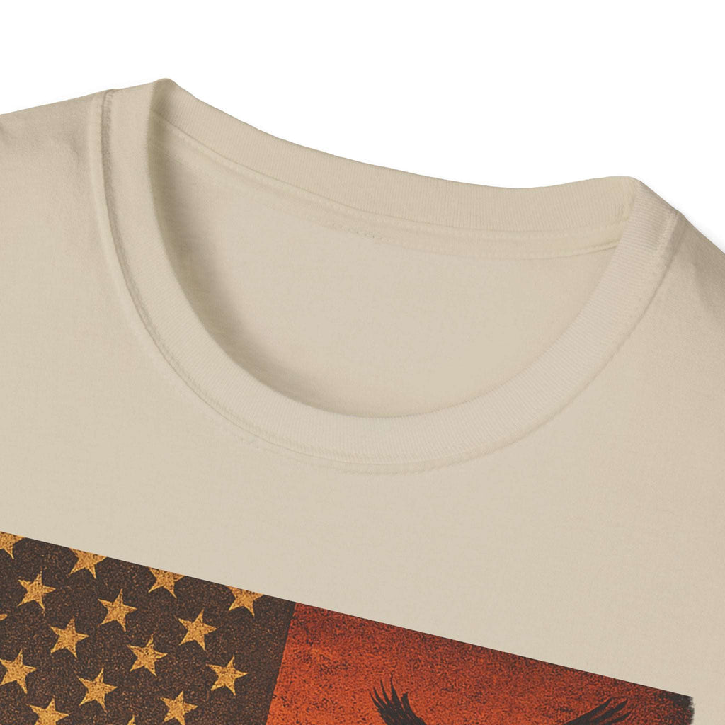 Close-up of a cream unisex t-shirt collar featuring a vintage Arizona sunset graphic design.