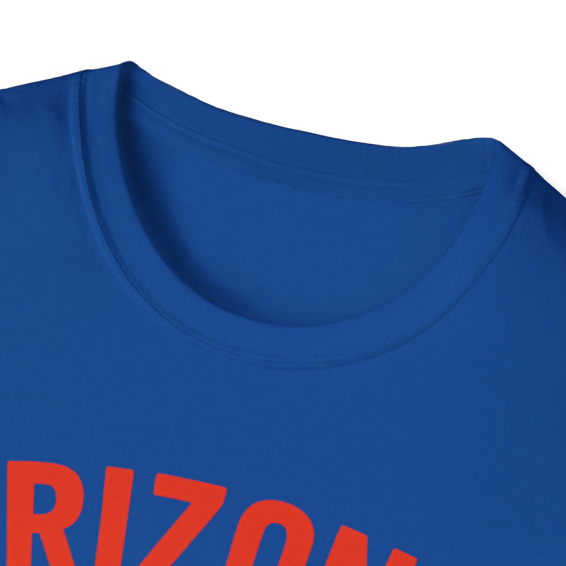 Close-up of a blue Arizona flip-flop summer t-shirt showcasing rounded neckline and vibrant design.