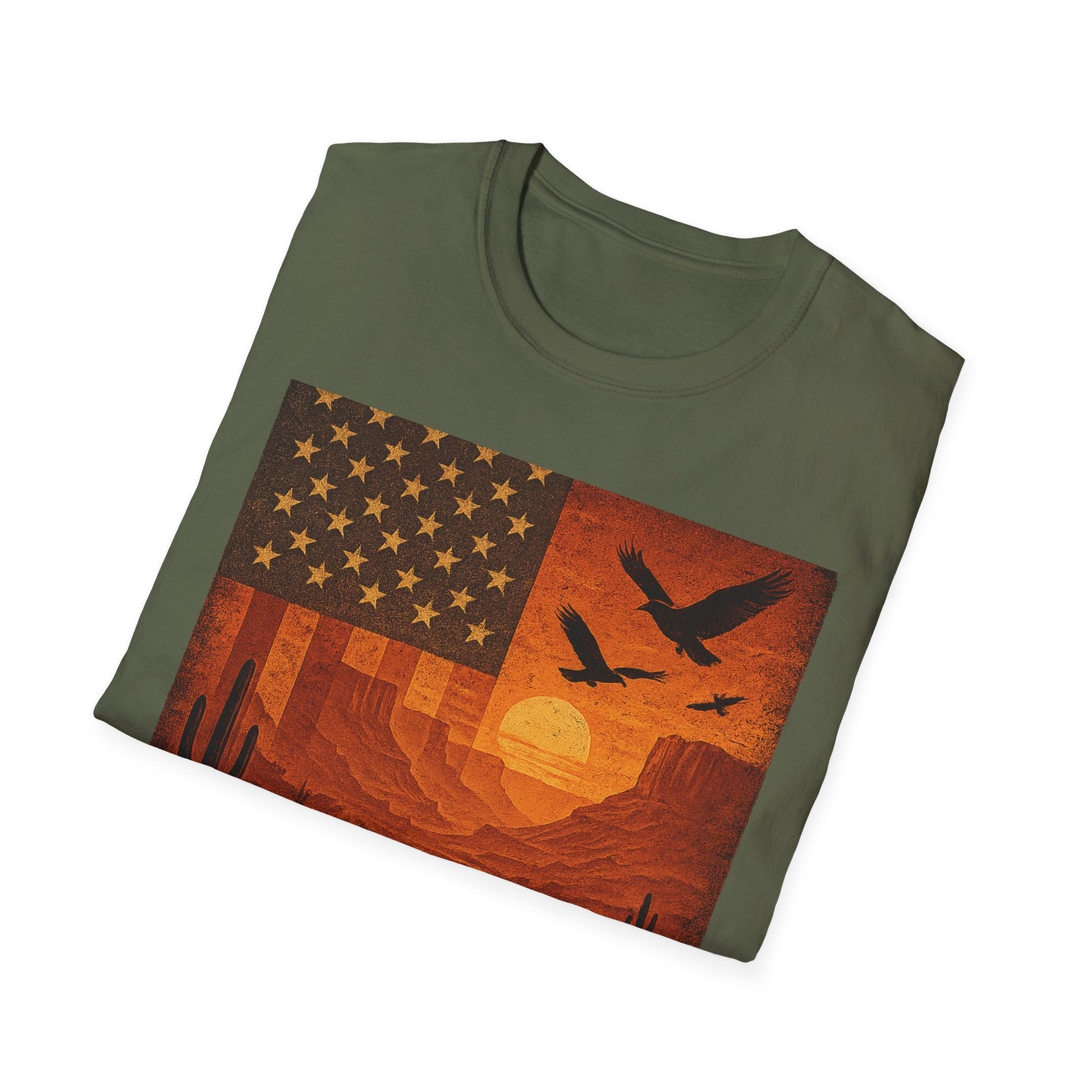 Arizona Sunset Unisex Softstyle T-Shirt with vintage desert graphic and stars on olive green fabric.