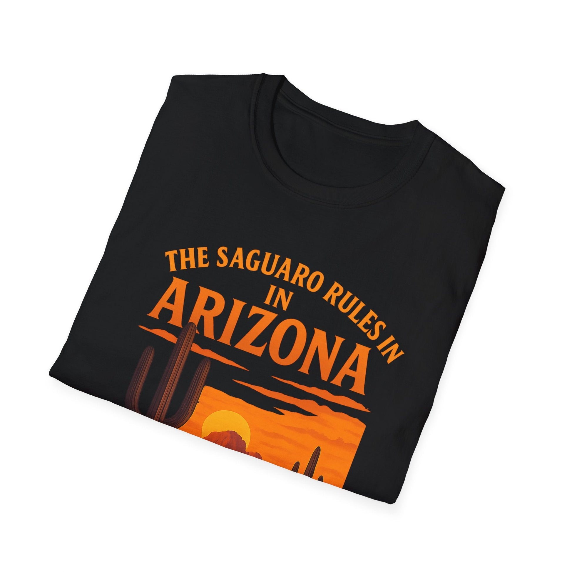 Black unisex softstyle t-shirt featuring 'The Saguaro Rules in Arizona' design with desert sunset graphics.