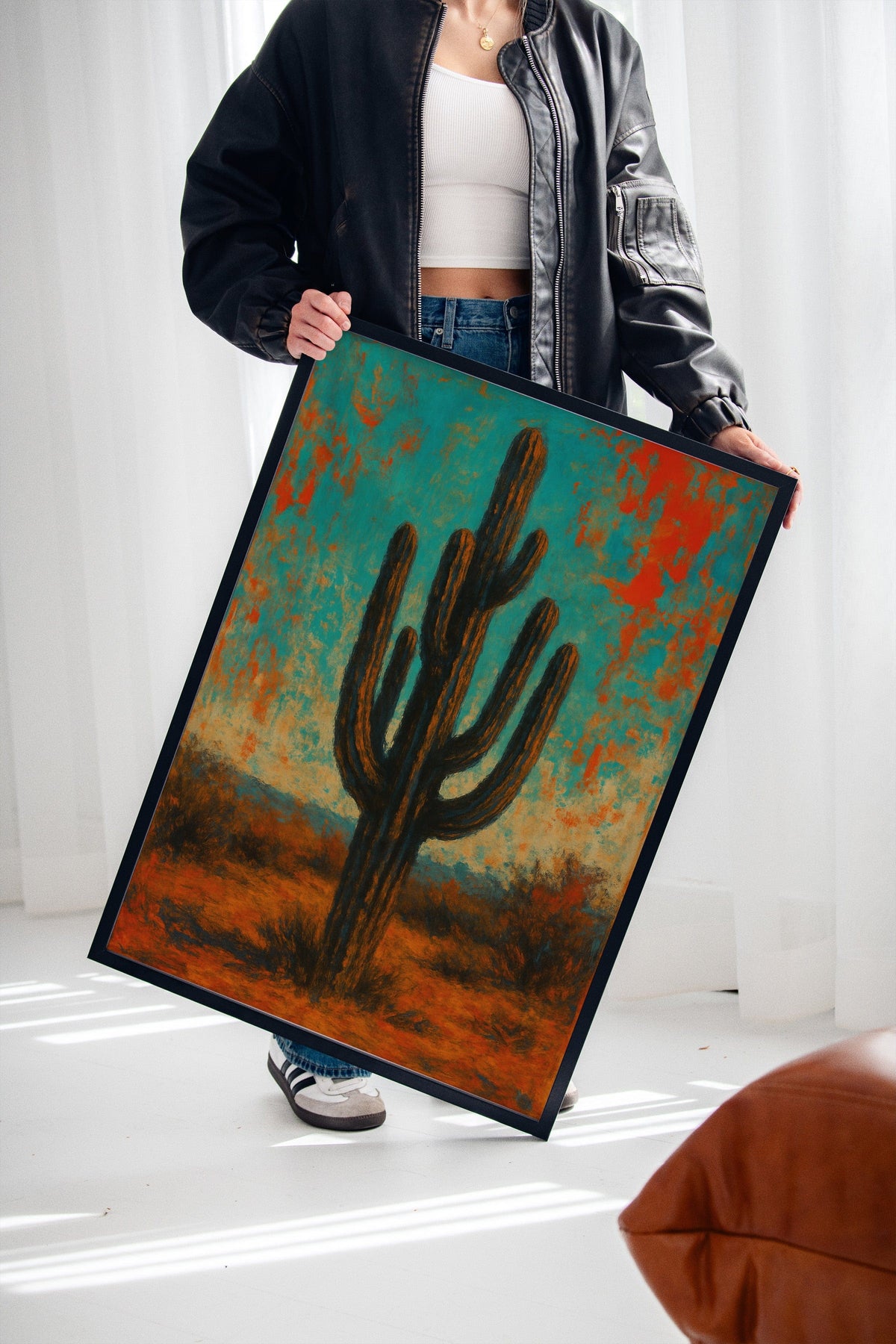 Lone Saguaro abstract cactus painting under turquoise and crimson sky, view 11