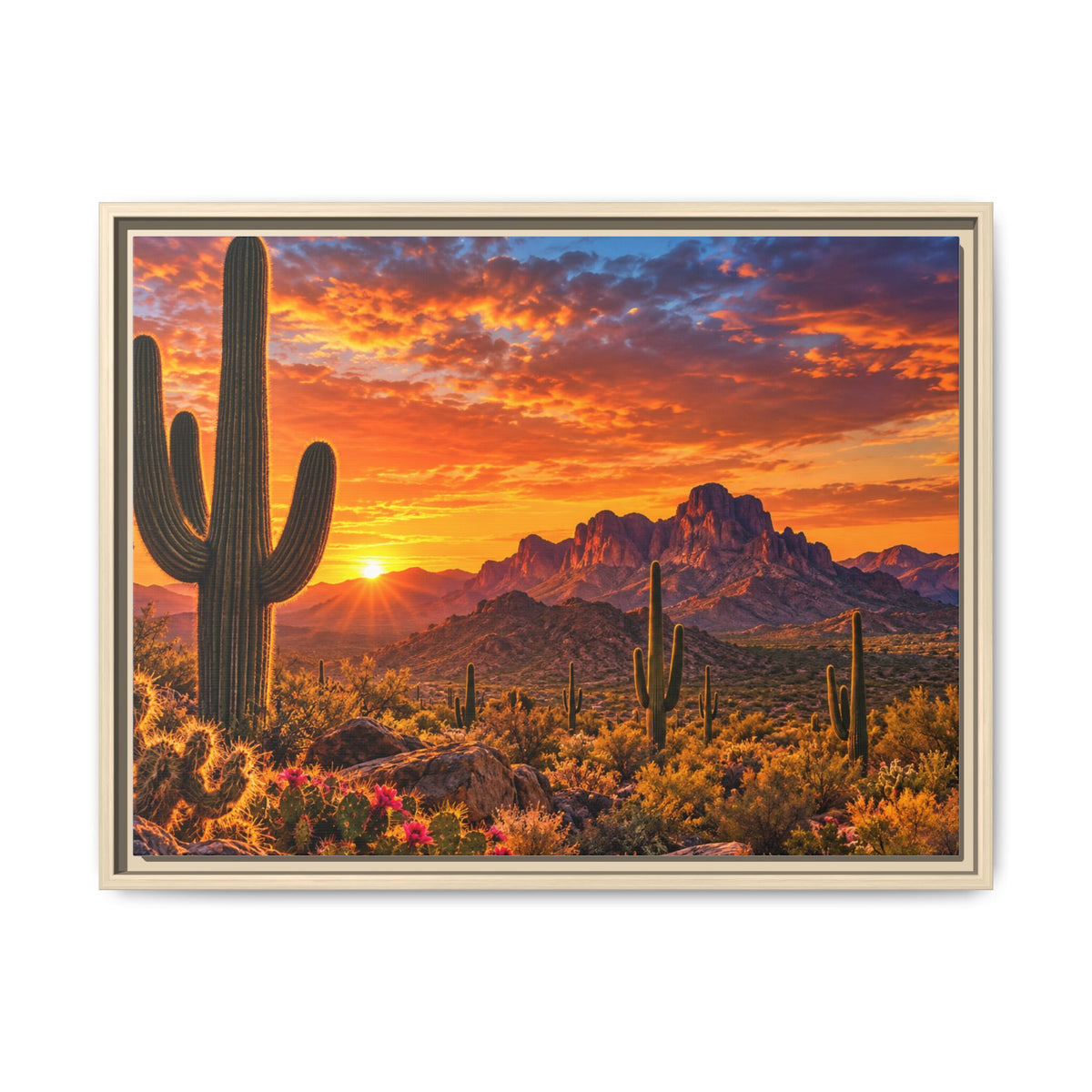 Saguaro cactus desert sunset canvas print, framed Arizona wall art
