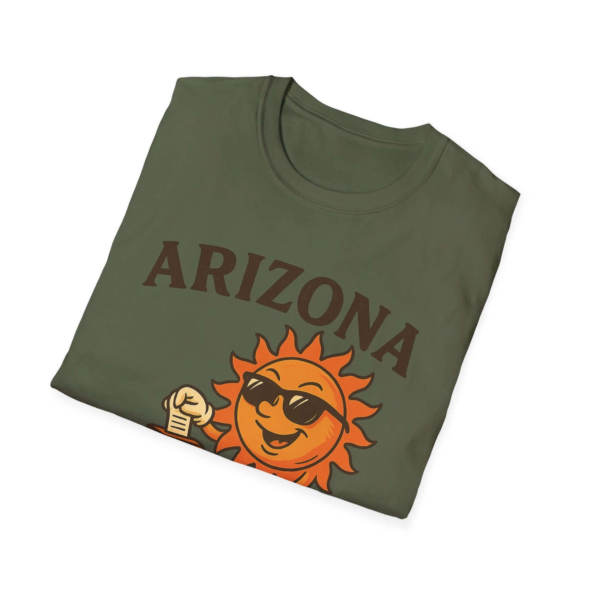 Arizona sun t-shirt in olive green, featuring a playful sun graphic, perfect for summer wardrobes and vacation apparel.