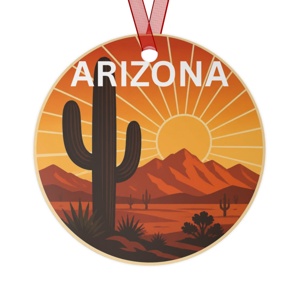 Arizona Desert Sunset Metal Ornament — Cactus Scenic Holiday Decoration — back view