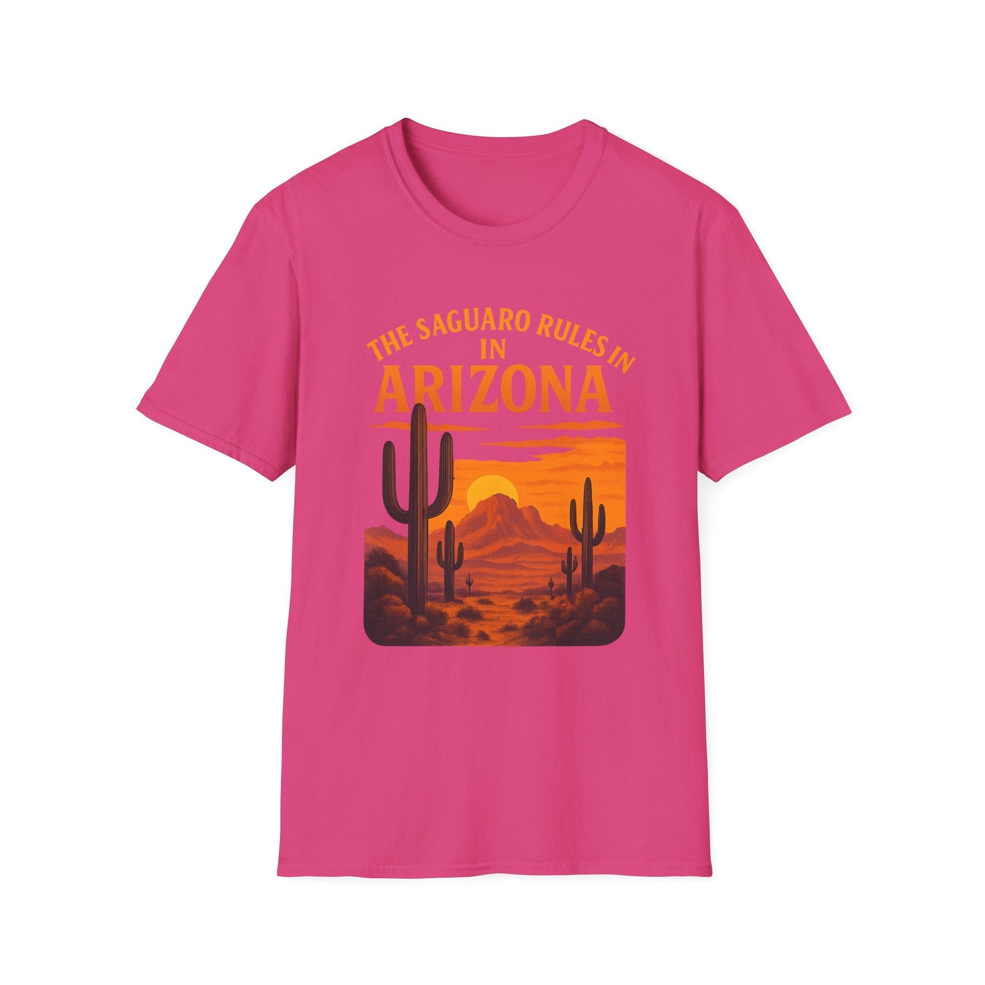 Arizona Saguaro Sunset unisex t-shirt in pink featuring cacti and desert landscape design.