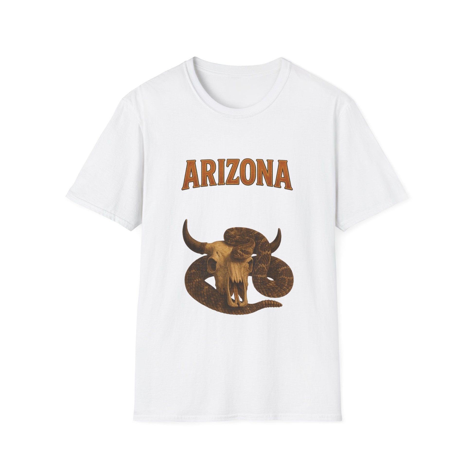 Arizona graphic t-shirt featuring a rattlesnake and bull design on a white softstyle unisex tee.