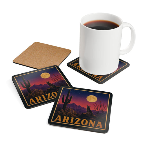Arizona Desert Moon coasters on a table with a coffee mug
