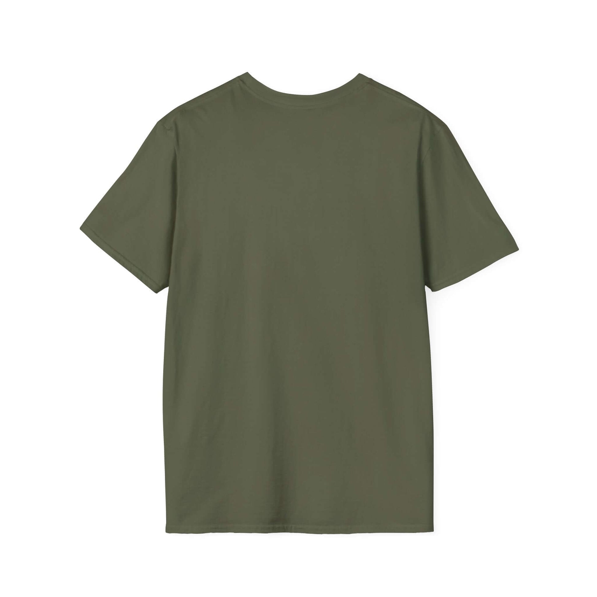 Back view of an olive green unisex softstyle t-shirt, perfect for casual summer outings and laid-back weekends.