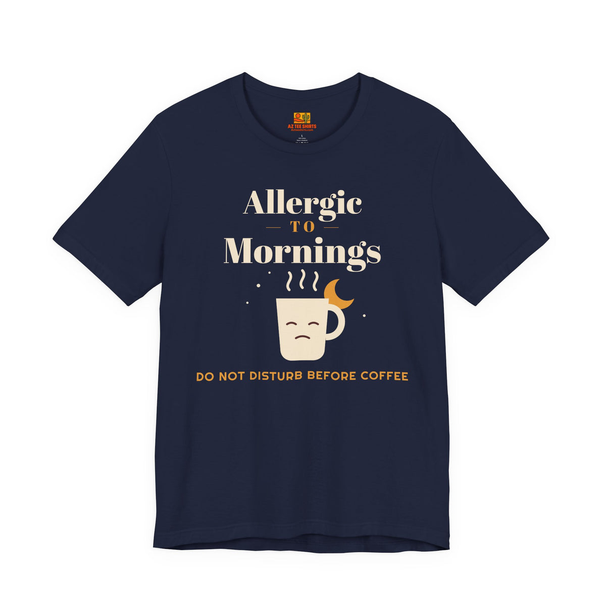 Allergic to Mornings T-shirt in navy, funny coffee gift tee