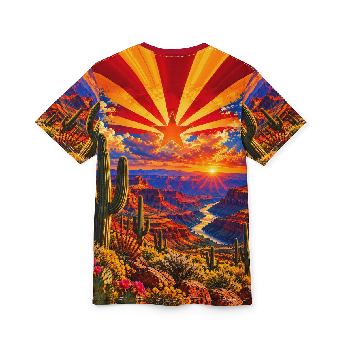 Arizona All-Over Print T-Shirt – Grand Canyon Sunset, State Flag Sunburst & Saguaro Cactus Tee