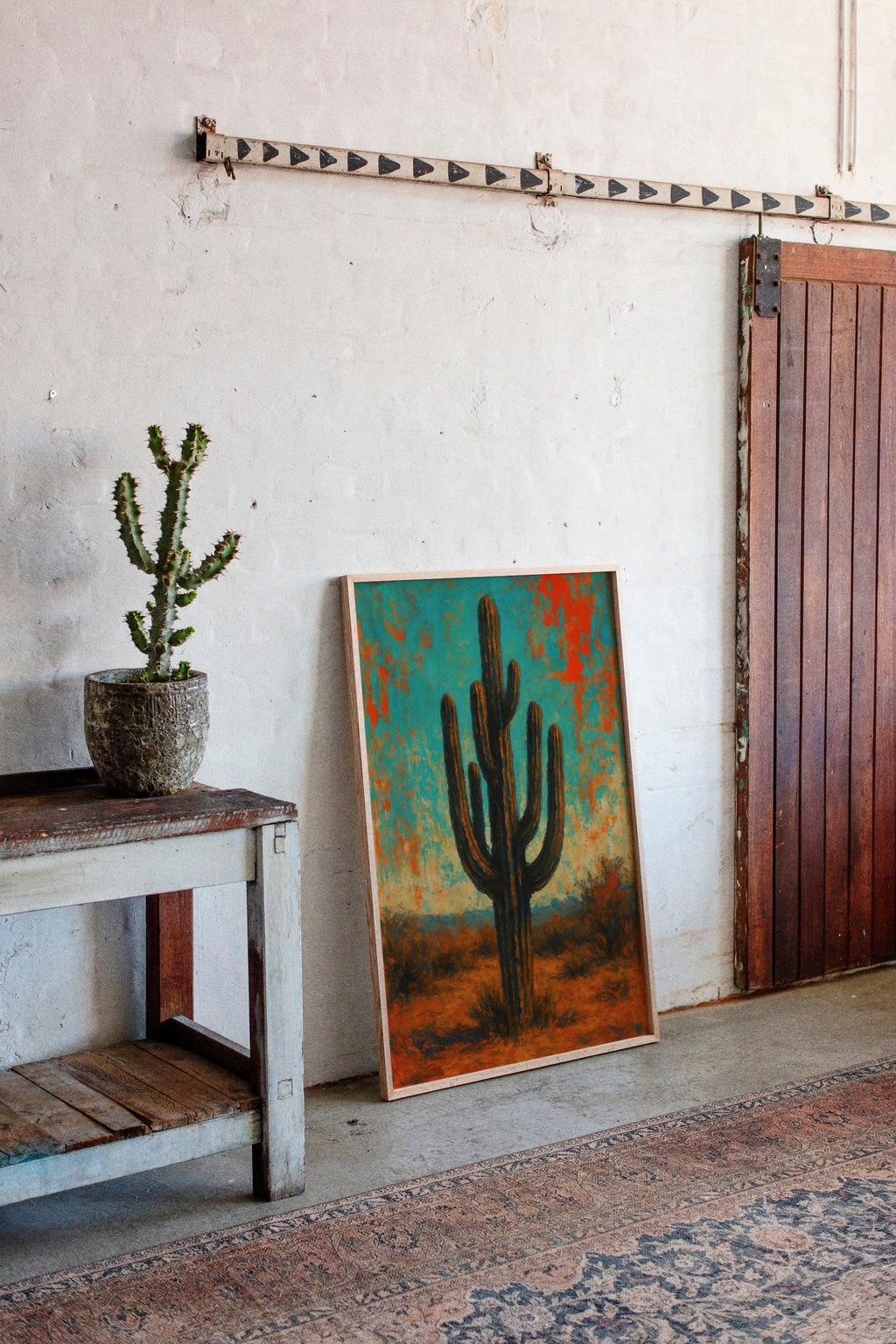 Lone Saguaro abstract cactus painting under turquoise and crimson sky, view 12