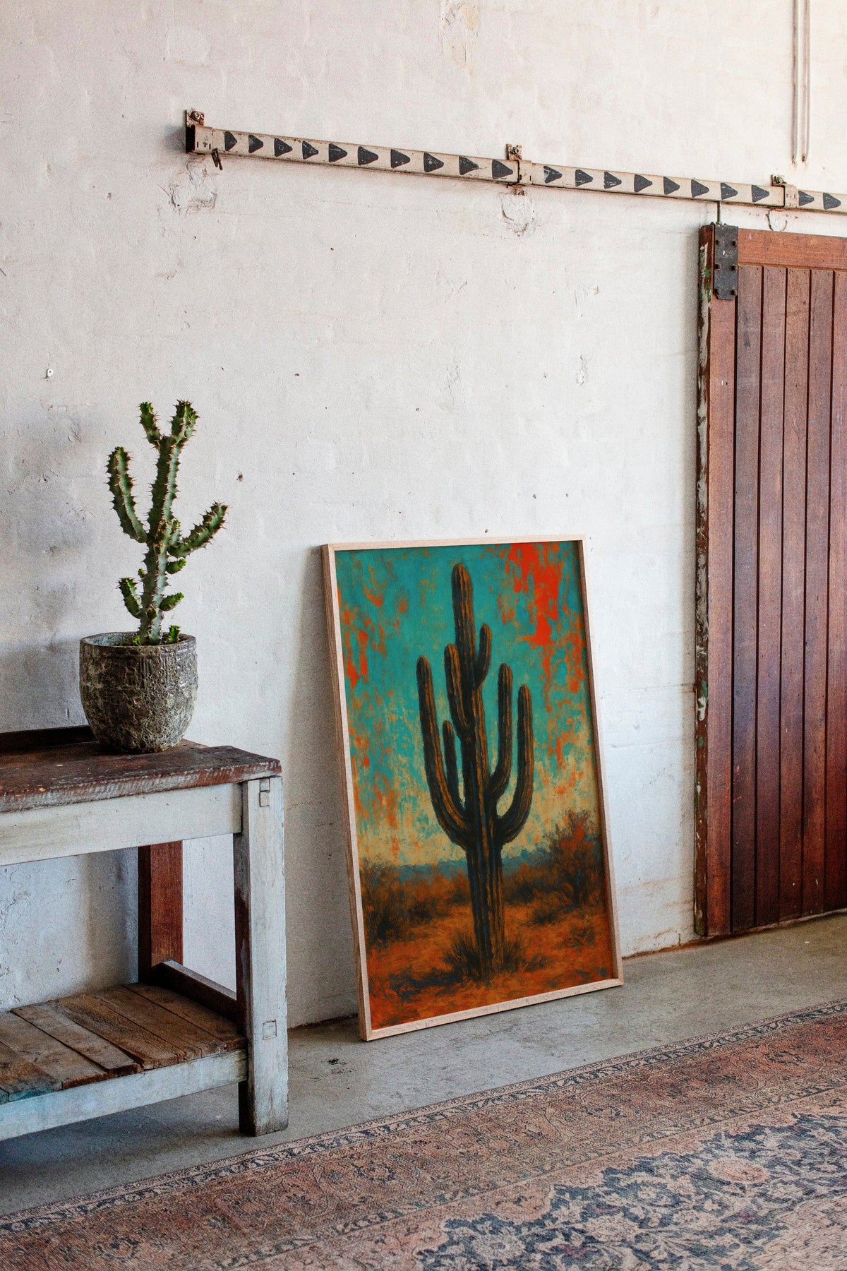 Lone Saguaro abstract cactus painting under turquoise and crimson sky, view 12