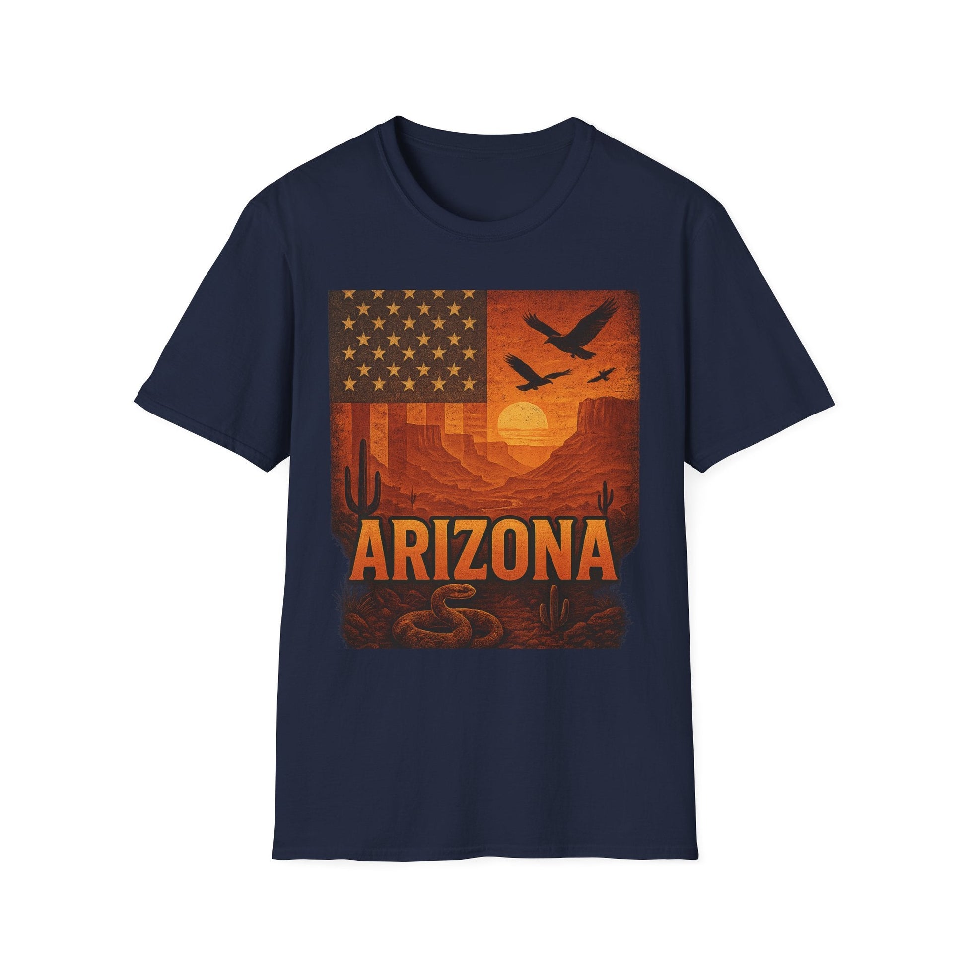 Arizona Sunset graphic tee featuring desert imagery and vintage style on a navy unisex t-shirt.