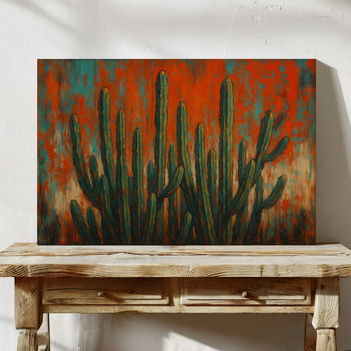 Southwest Blaze abstract cactus painting in orange and turquoise, view 6