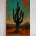 Lone Saguaro abstract cactus painting under turquoise and crimson sky