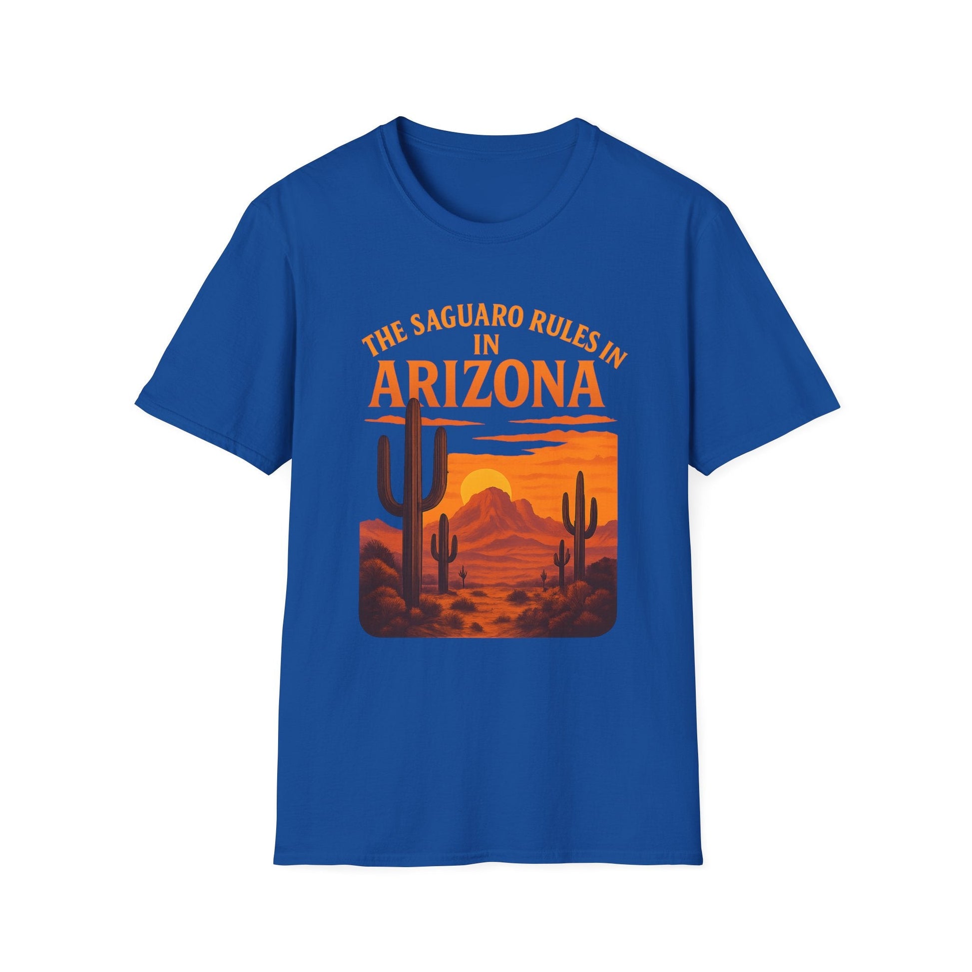 Arizona Saguaro Sunset Unisex Softstyle T-Shirt in blue featuring desert landscape design.