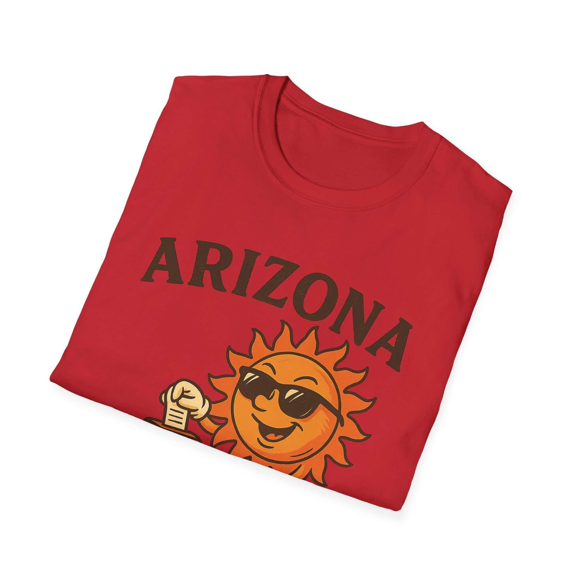 Red Arizona sun graphic t-shirt folded, perfect for summer vacations and casual outings.