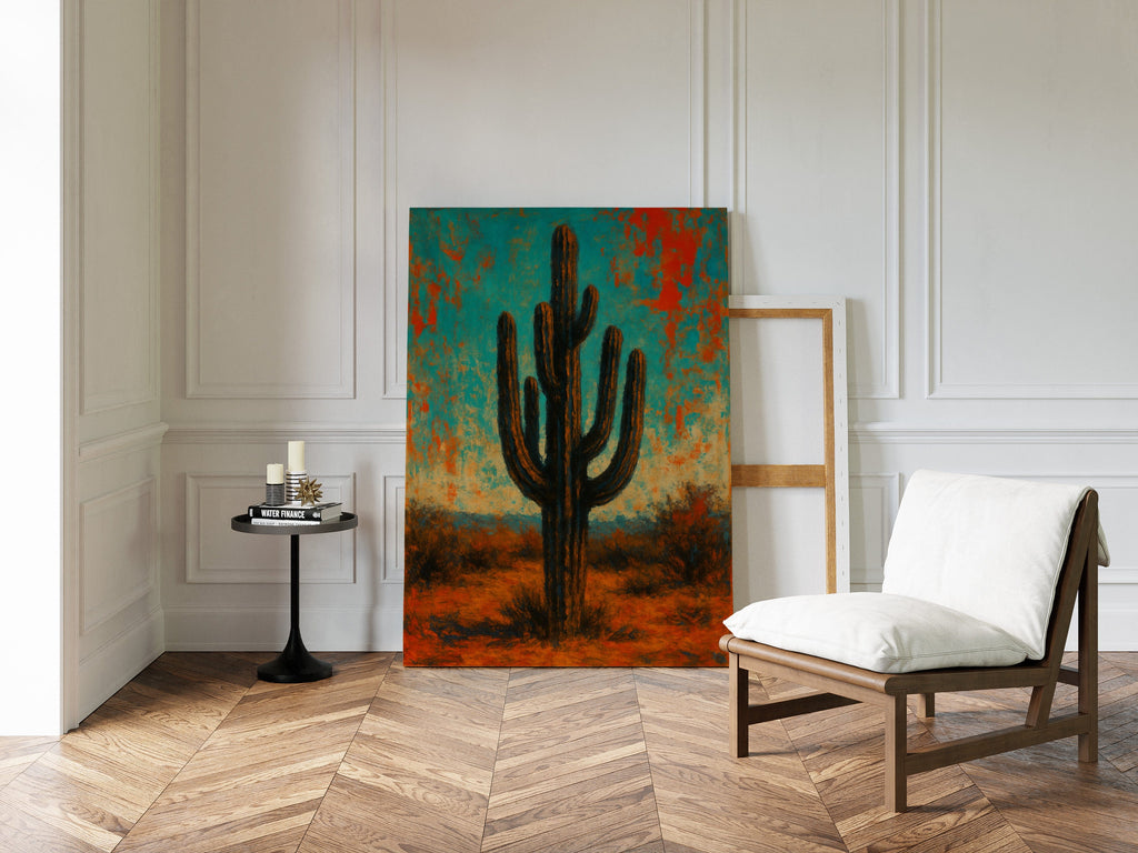 Lone Saguaro abstract cactus painting under turquoise and crimson sky, view 13