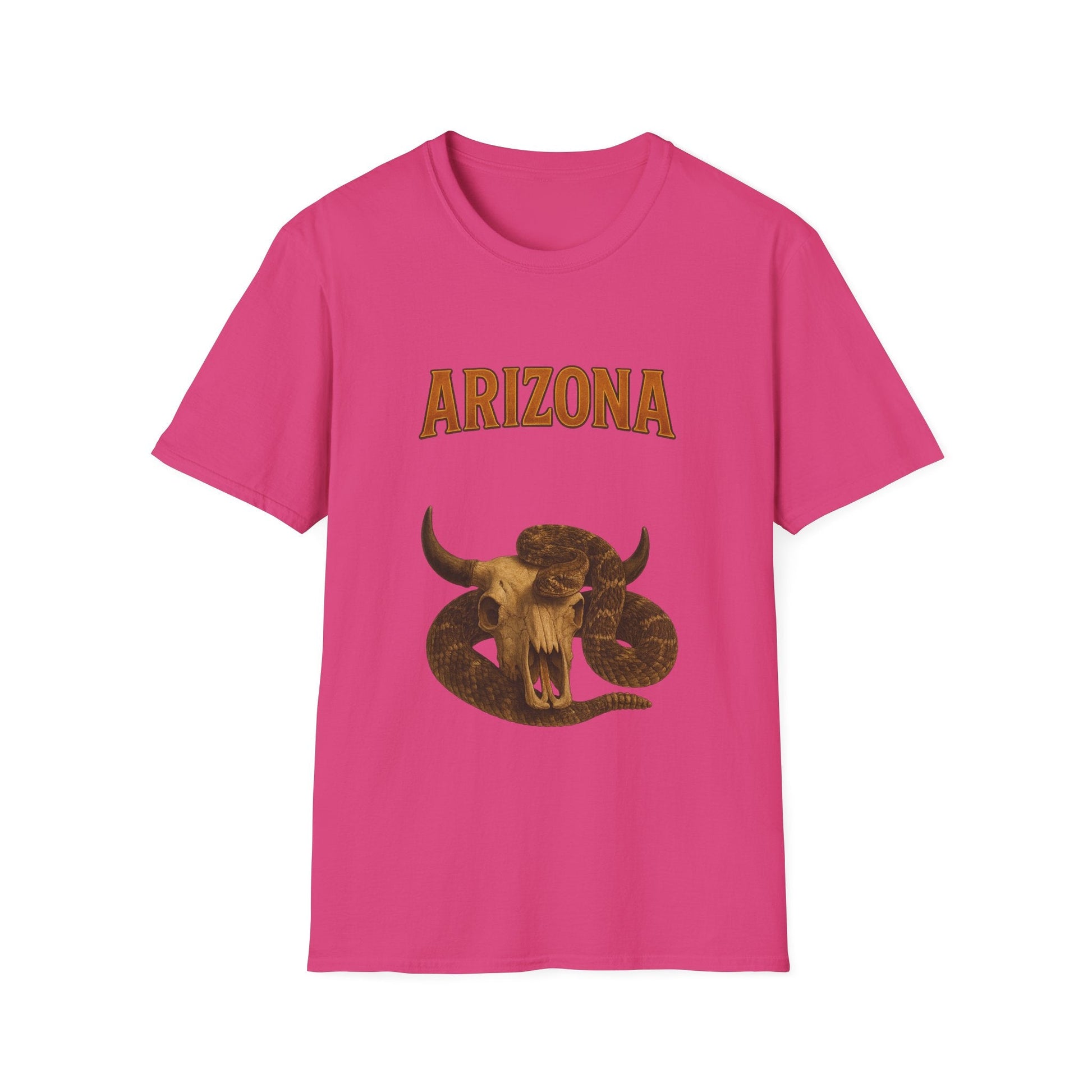 Arizona graphic t-shirt in pink featuring rattlesnake and bull design, perfect for casual or relaxed wear.