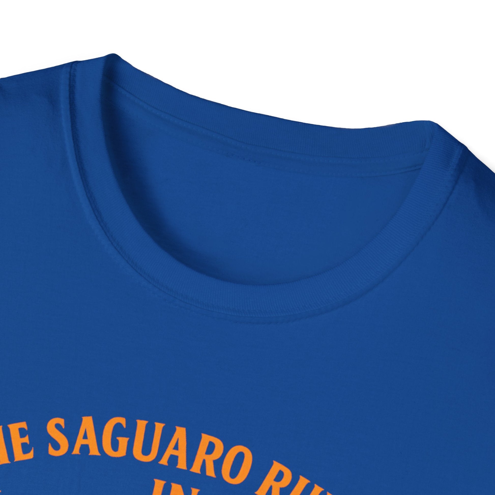 Close-up of blue Arizona Saguaro Sunset unisex softstyle t-shirt collar showcasing vibrant design and quality fabric.