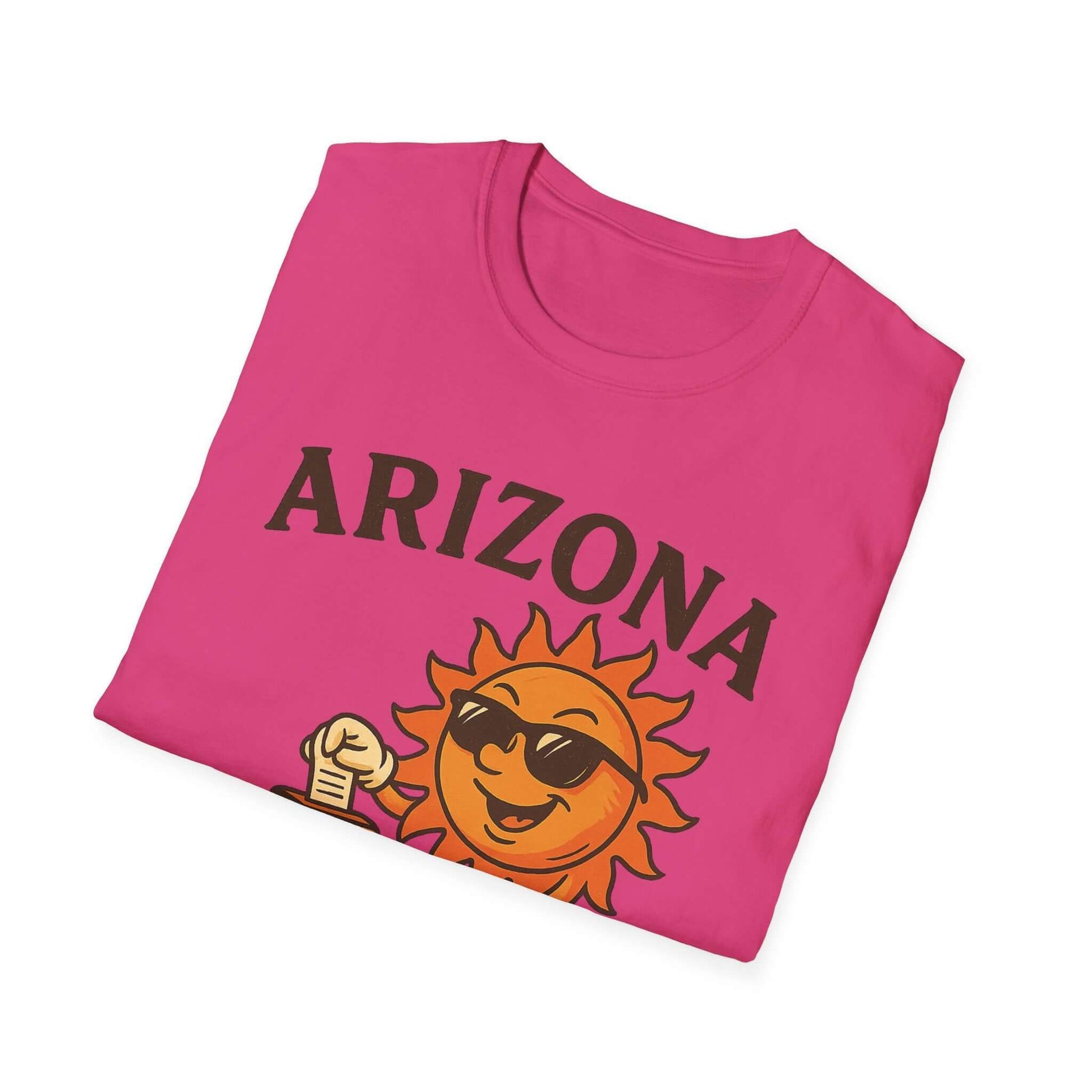 Arizona Sun T-Shirt, pink graphic tee featuring a smiling sun design, perfect for summer vacations and casual outings.