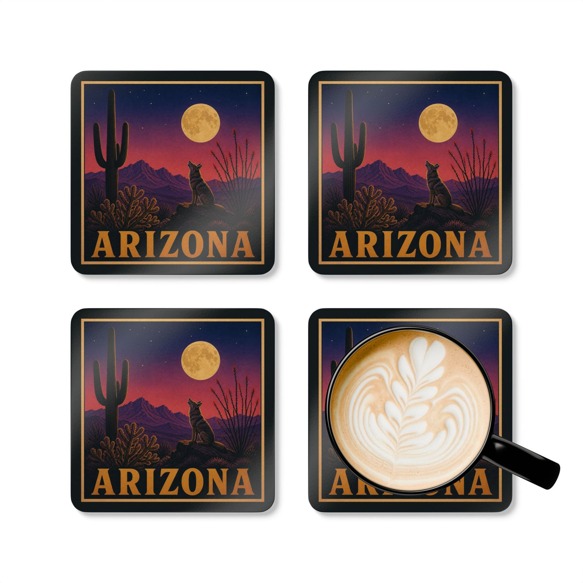 Four Arizona coyote and saguaro coasters laid out together