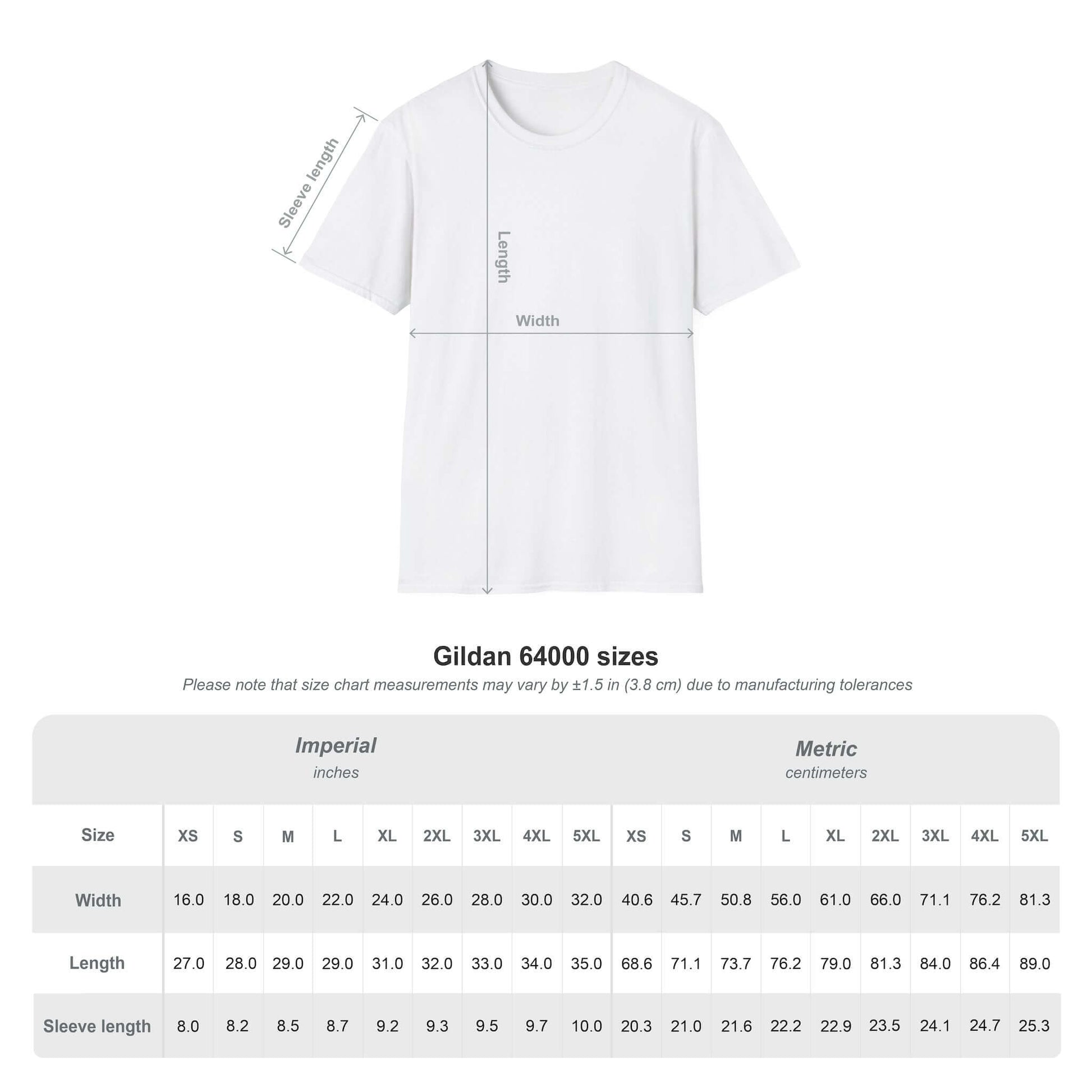 Gildan 64000 size chart for unisex t-shirt measurements in inches and centimeters.