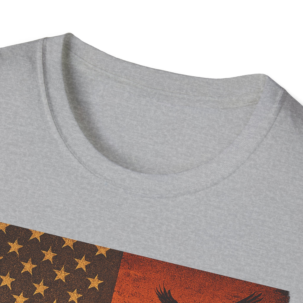 Close-up of Arizona Sunset T-Shirt's crew neckline and vintage graphic with stars and eagle design.