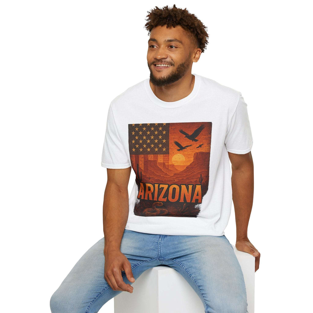 Man wearing Arizona Sunset Unisex Softstyle T-Shirt featuring vintage desert graphic.