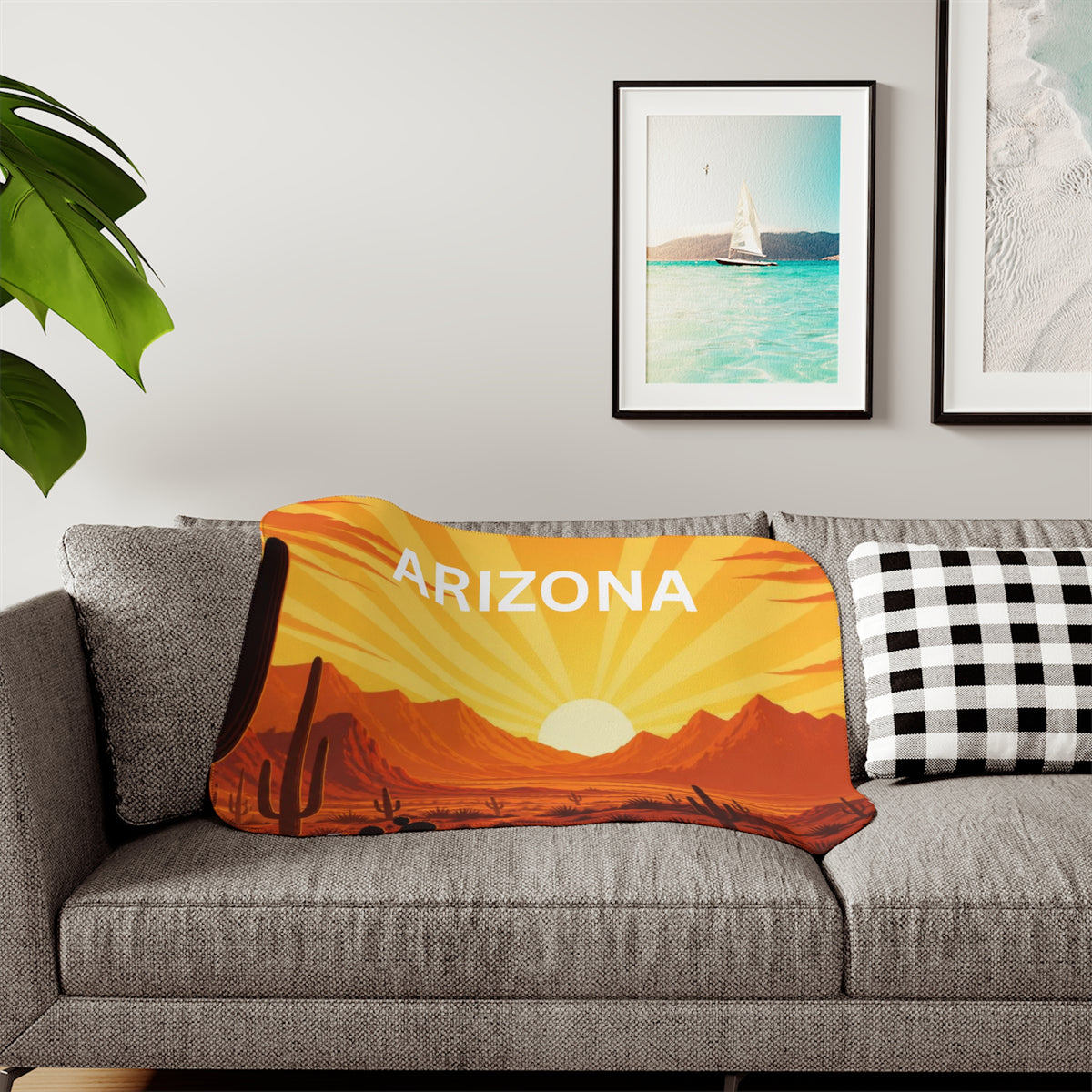 Arizona Desert Sherpa Blanket – Cozy Sunset Cactus Throw — front view