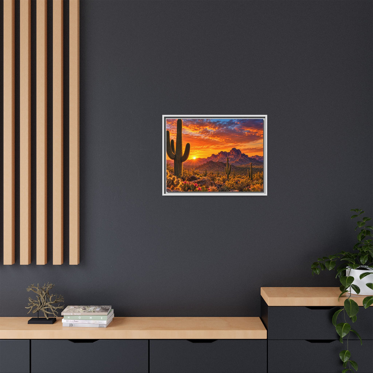 Arizona desert sunset framed canvas print with saguaro cactus and red mountains