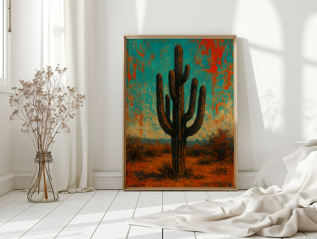 Lone Saguaro abstract cactus painting under turquoise and crimson sky, view 14