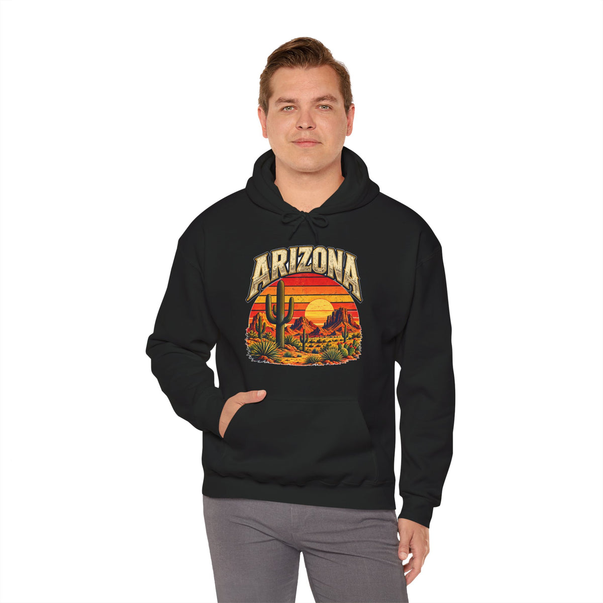 Man wearing the black Arizona Saguaro Sunset Hoodie