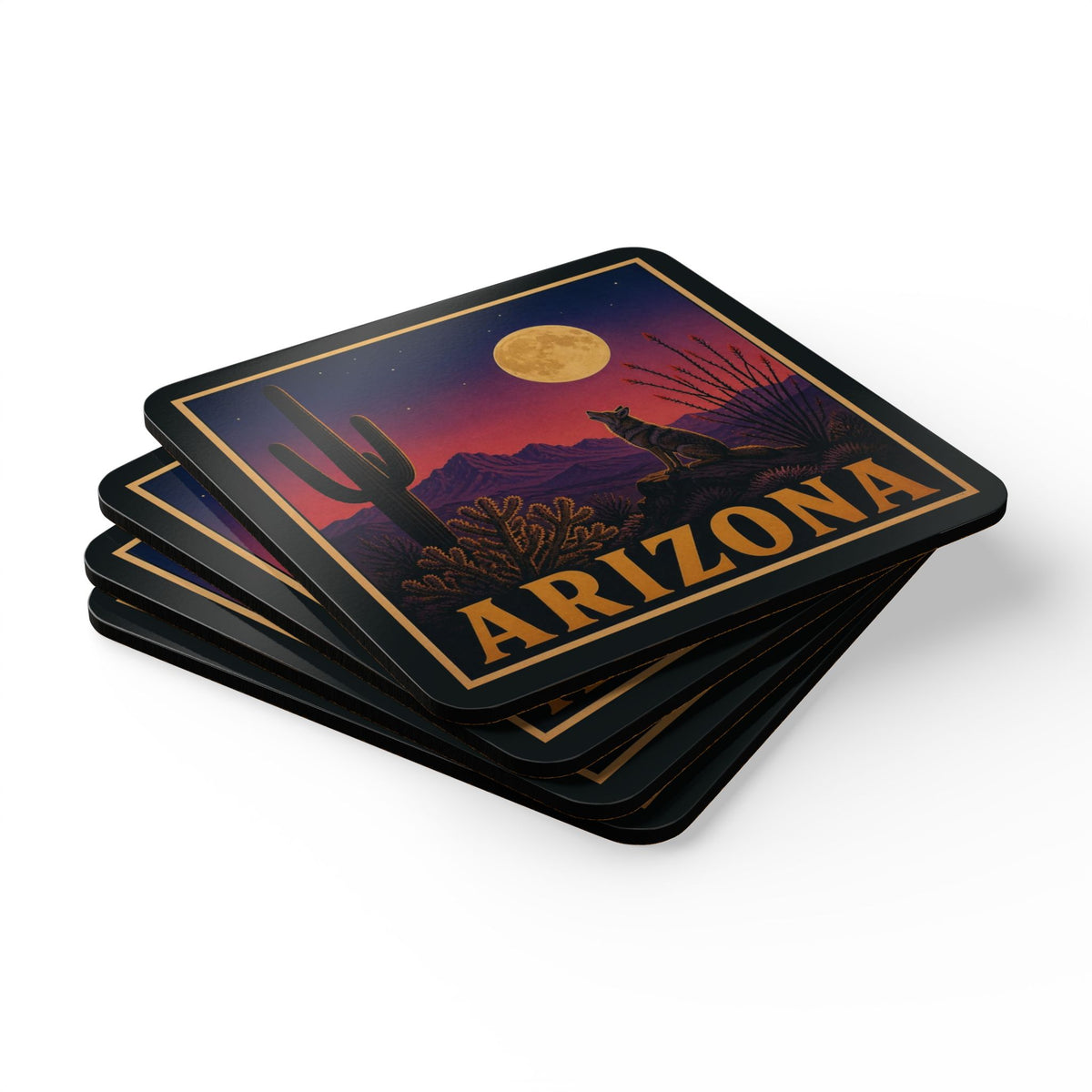 Arizona Desert Moon coaster set of 4 with coyote, full moon and saguaro by AZ Tee Shirts