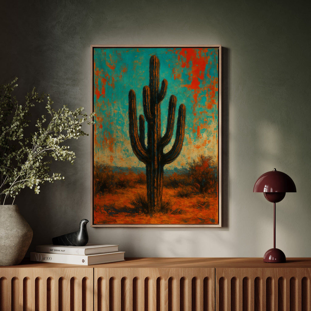 Lone Saguaro abstract cactus painting under turquoise and crimson sky, view 2