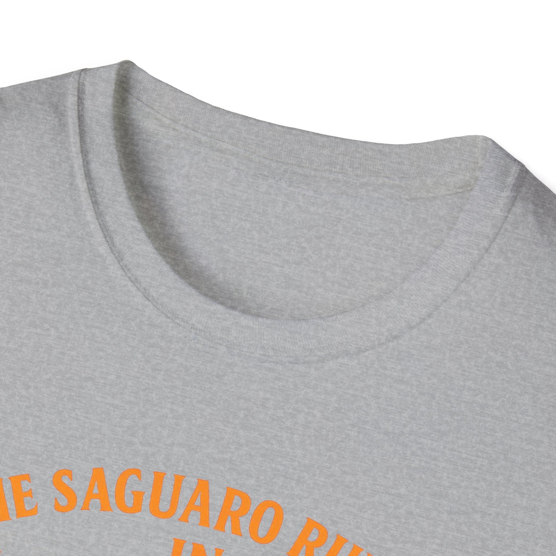 Close-up of Arizona Saguaro Sunset unisex softstyle t-shirt neckline, showcasing its comfortable fabric and design.