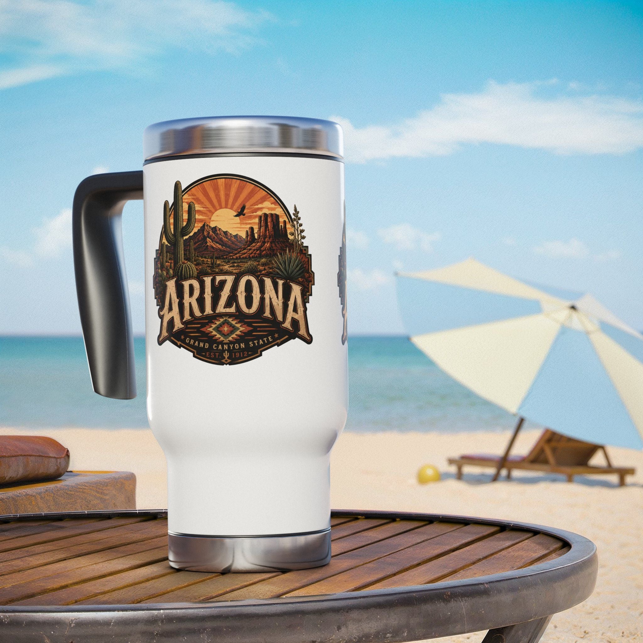 Arizona Desert Travel Mug — 14oz Stainless Steel Insulated Mug with Handle — front view