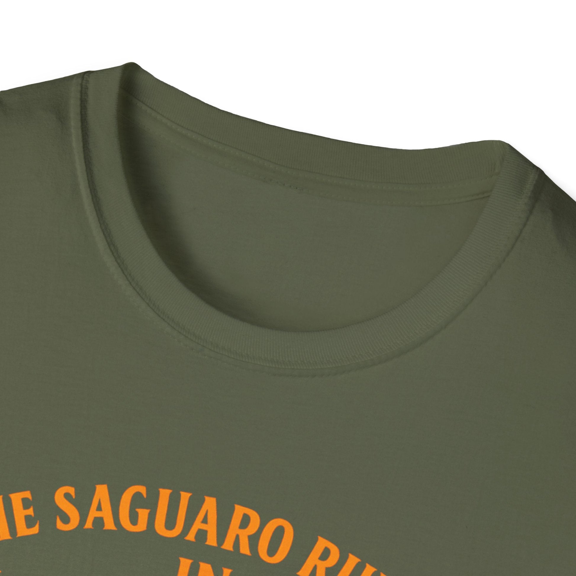 Close-up of Arizona Saguaro Sunset softstyle t-shirt neckline showcasing a classic fit and vibrant orange design.