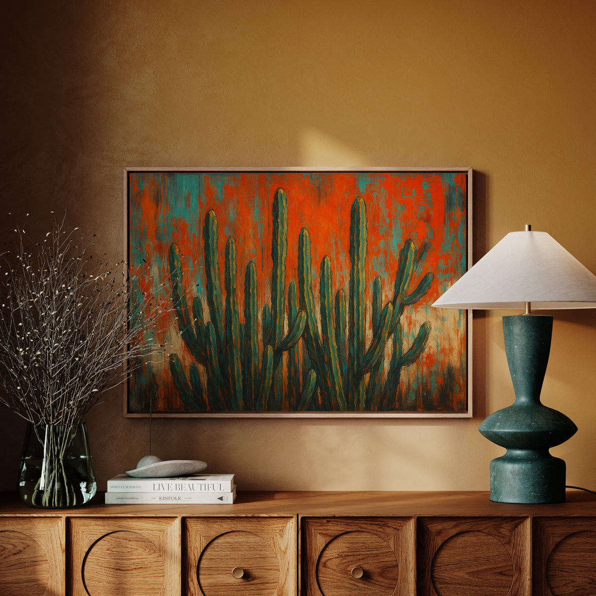 Southwest Blaze abstract cactus painting in orange and turquoise, view 7
