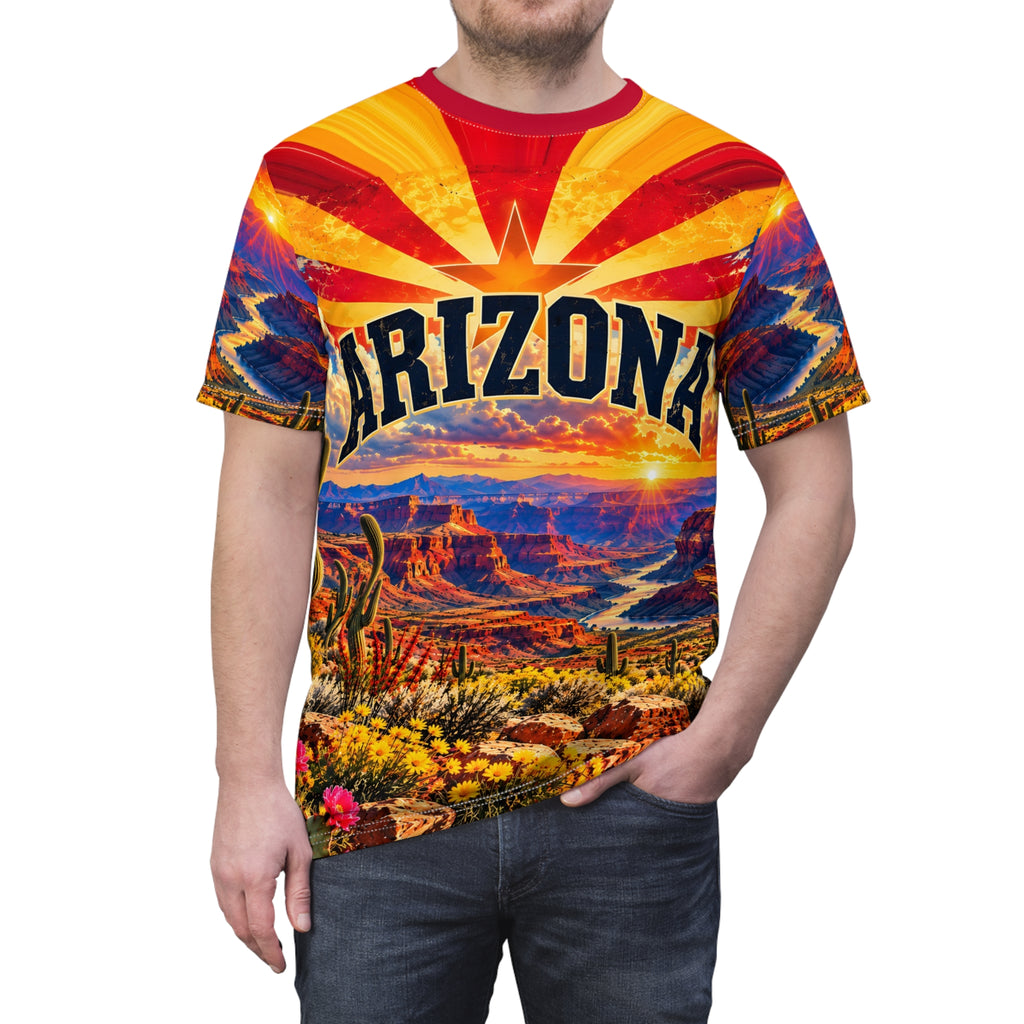 Arizona All-Over Print T-Shirt – Grand Canyon Sunset, State Flag Sunburst & Saguaro Cactus Tee