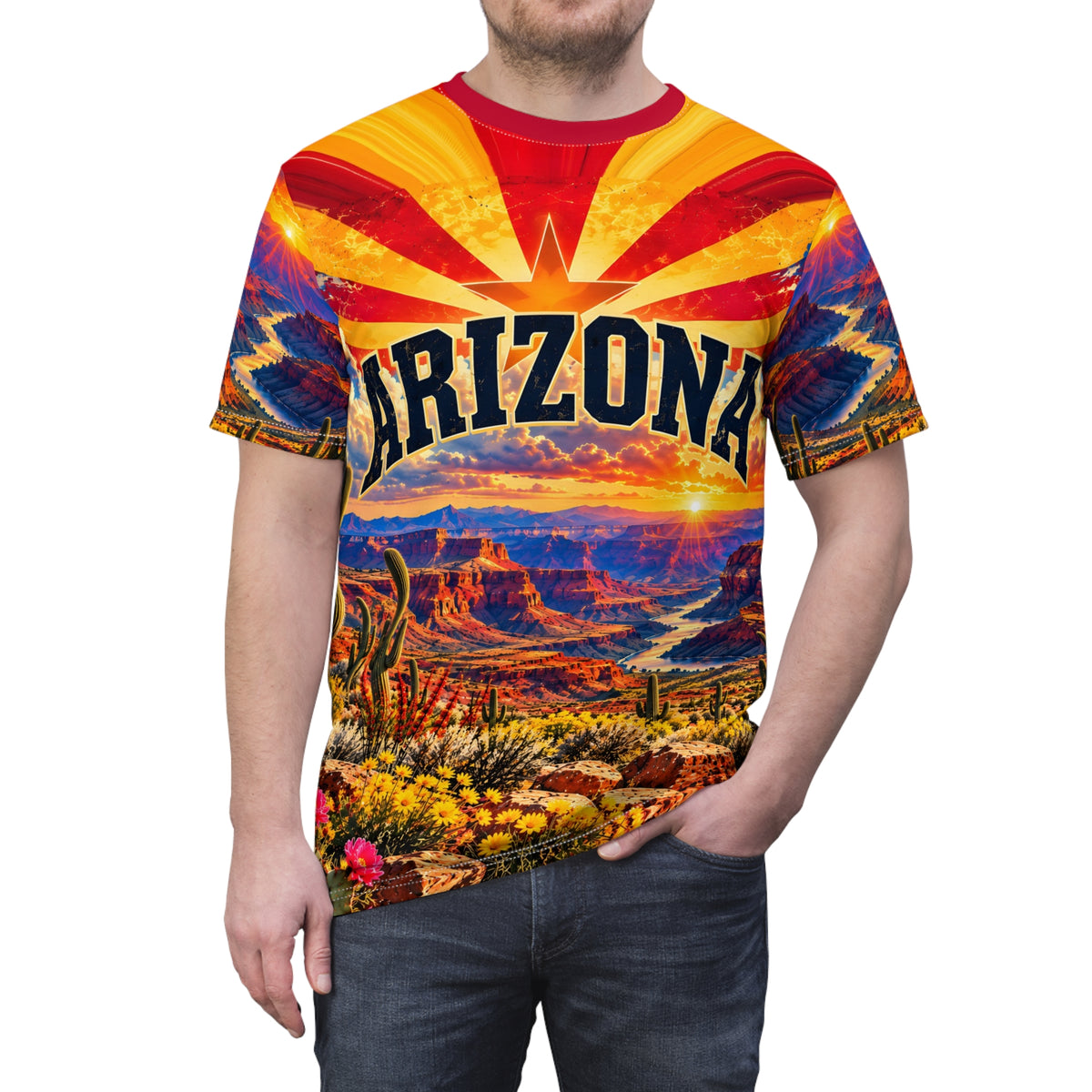 Arizona All-Over Print T-Shirt – Grand Canyon Sunset, State Flag Sunburst & Saguaro Cactus Tee