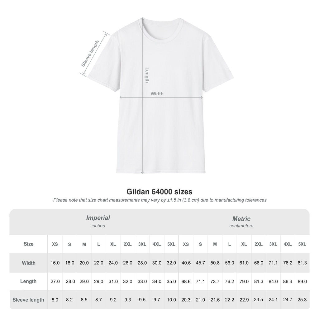 Gildan 64000 t-shirt size chart detailing dimensions in inches and centimeters for unisex fit.