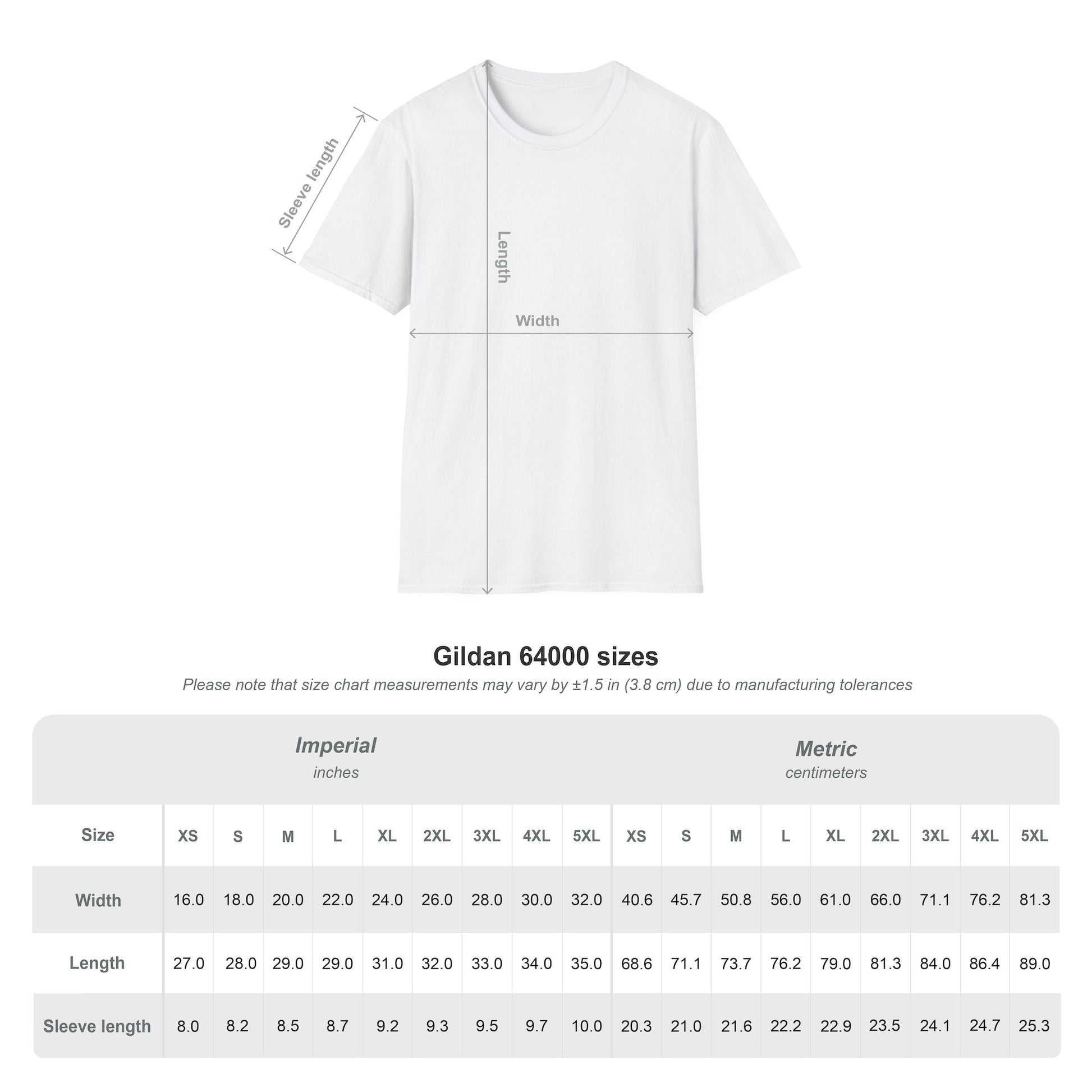 Gildan 64000 t-shirt size chart detailing dimensions in inches and centimeters for unisex fit.