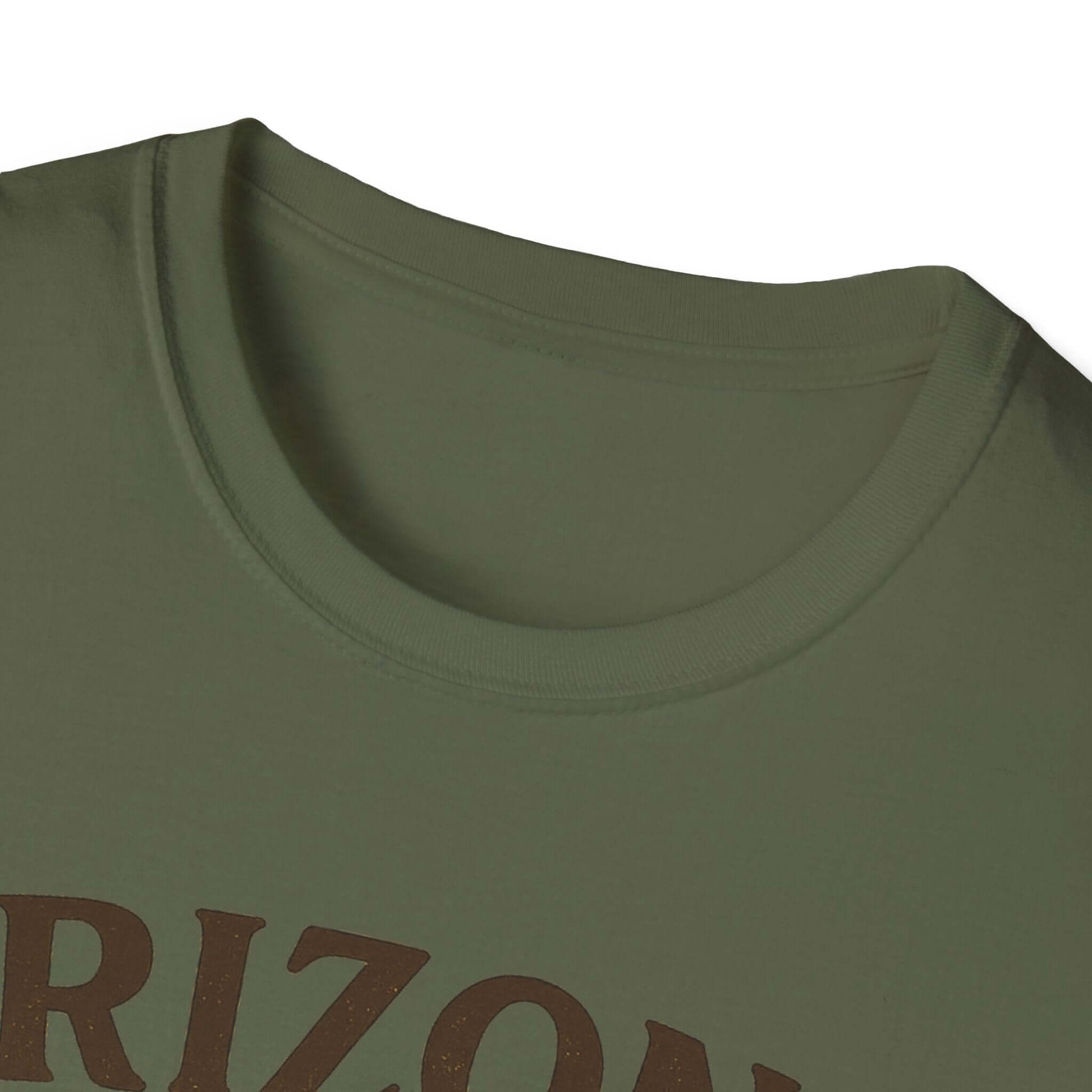 Close-up of Arizona Sun T-Shirt neckline in olive green, showcasing casual style for summer and vacation apparel.