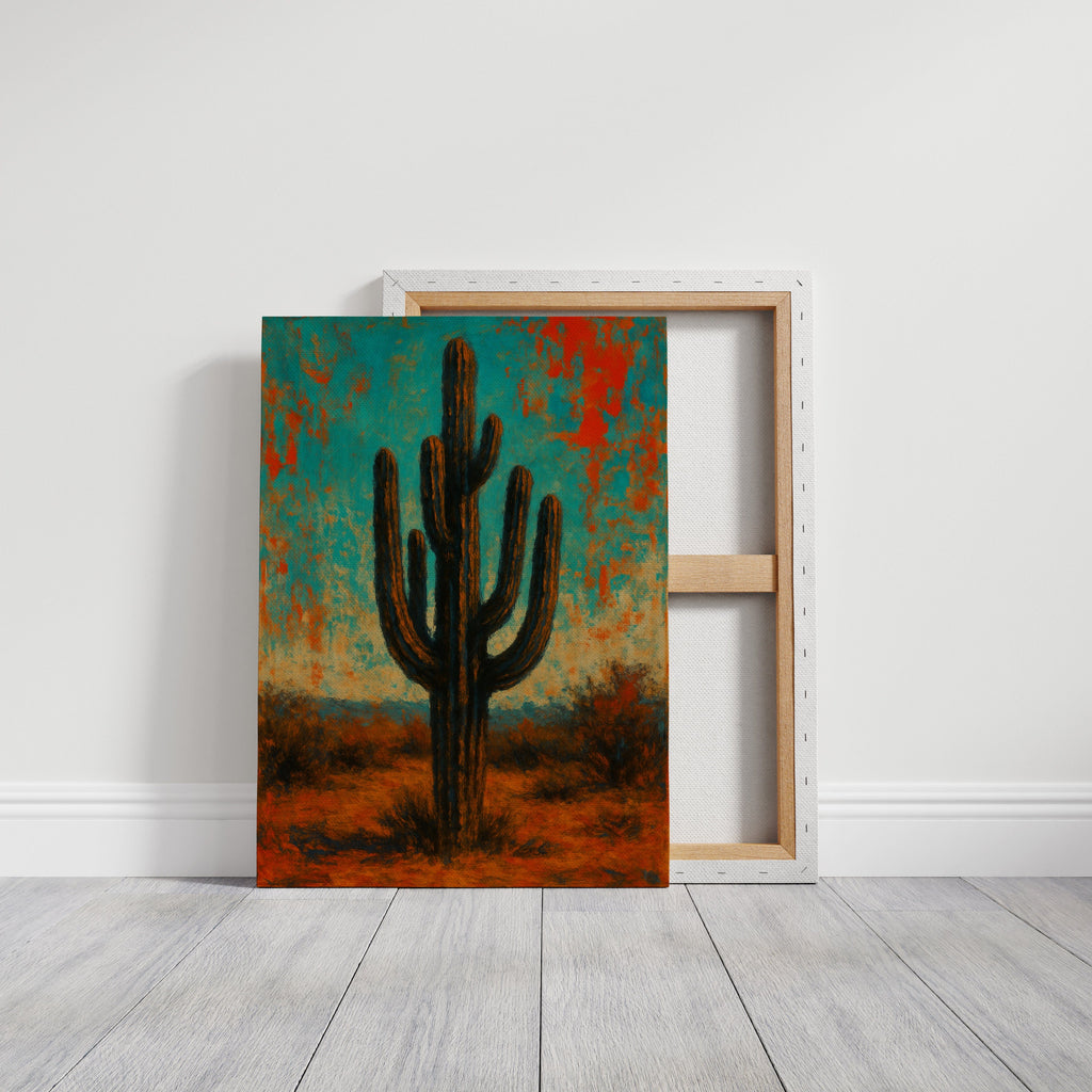 Lone Saguaro abstract cactus painting under turquoise and crimson sky, view 15